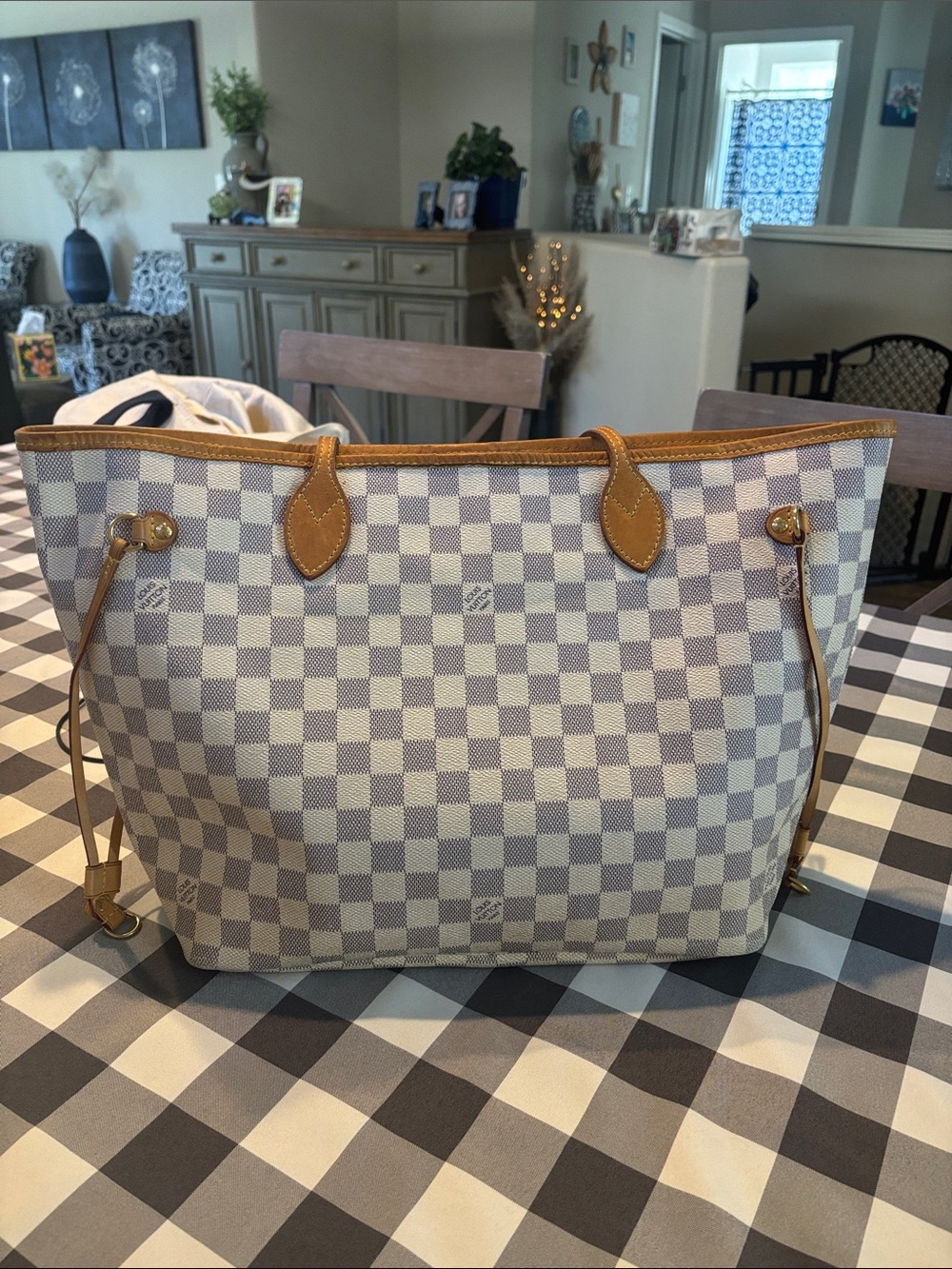 Louis Vuitton Damier Azur Checkered Tote in Light Gray and Cream with Tan Trim